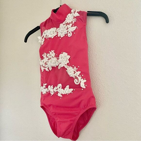 WEISSMAN Dance Costume solo custom coral hot pink custom Leotard MT11612 IC 7/8 - Picture 3 of 11